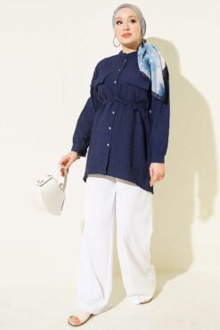 Alternative view of Striped Button-Up Shirt with Faux Pocket Flap Navy Blue