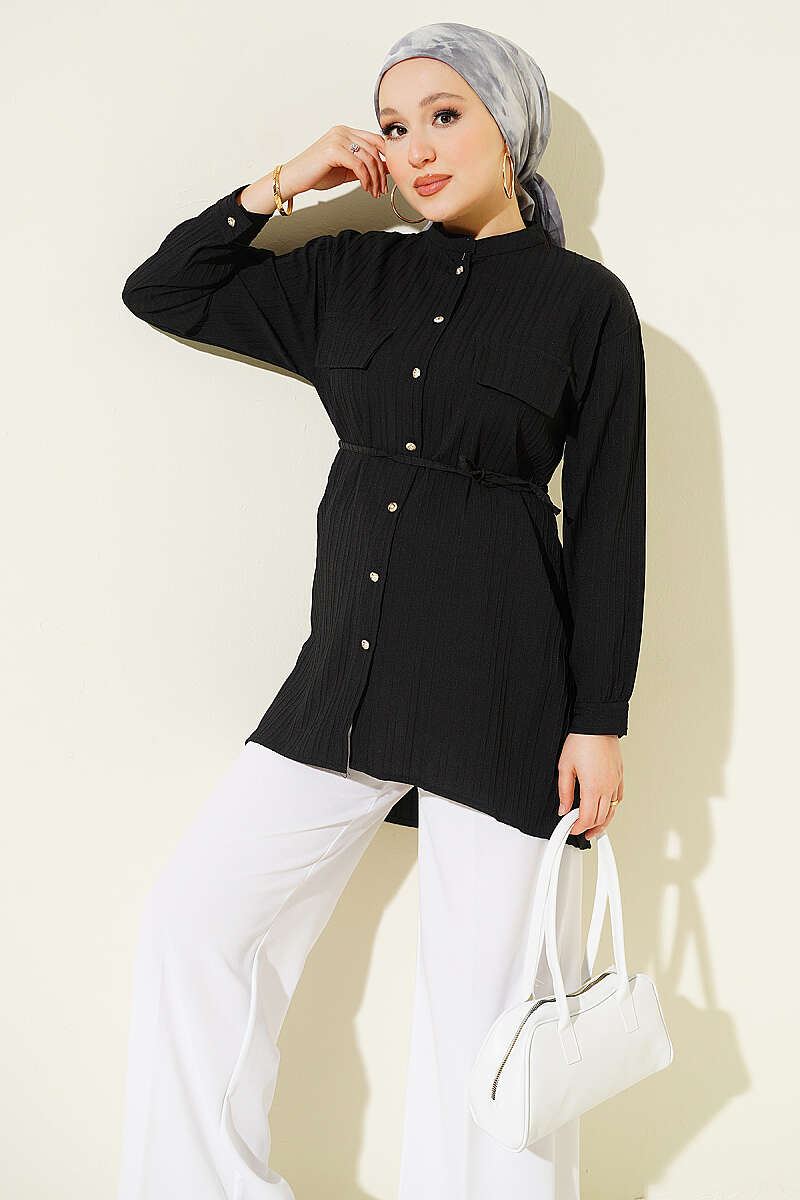 Striped Button-Up Shirt with Faux Pocket Flap Black