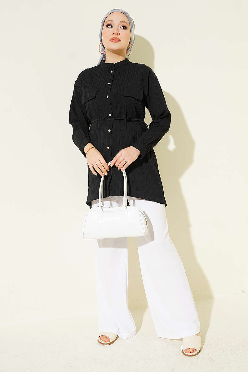 Striped Button-Up Shirt with Faux Pocket Flap Black – Bild 2