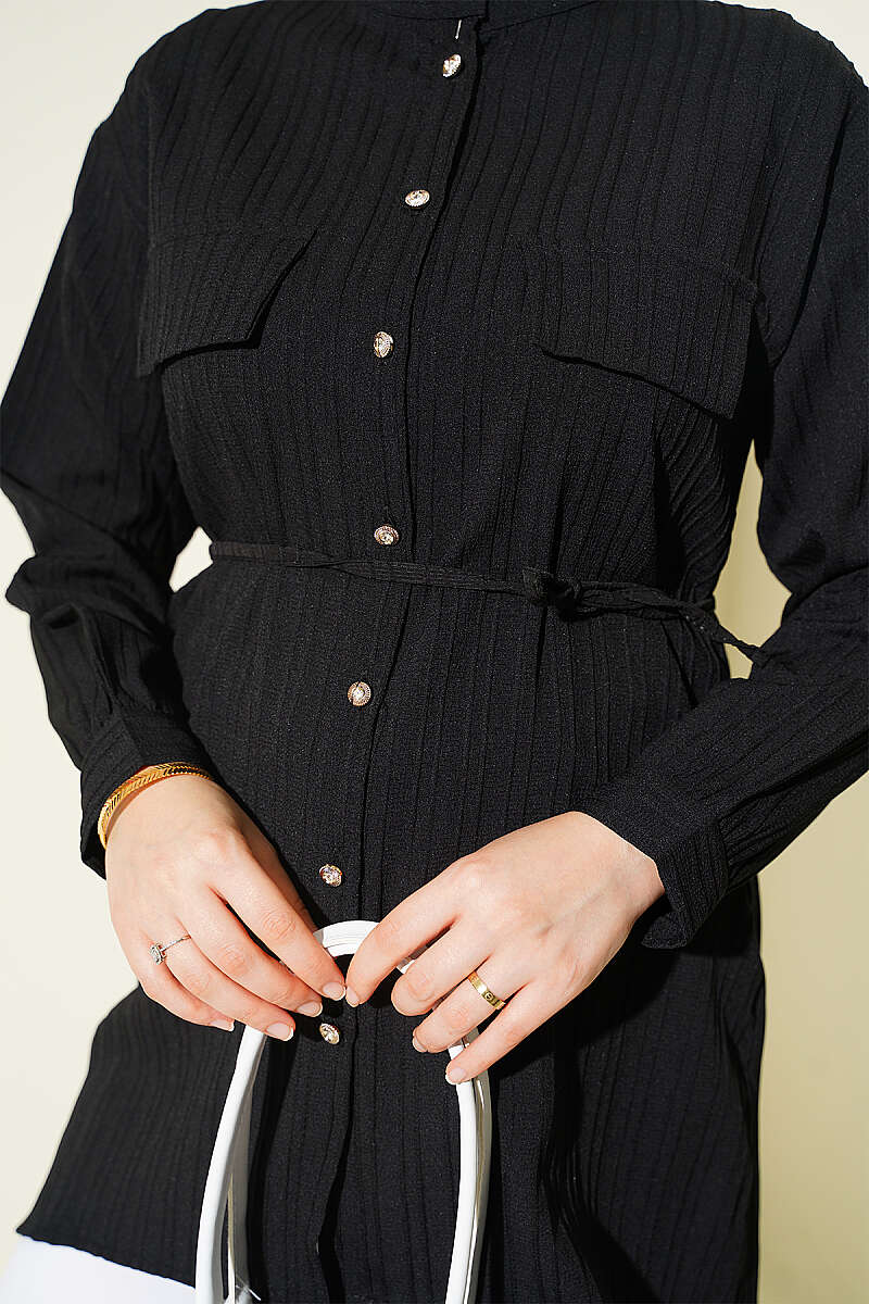 Striped Button-Up Shirt with Faux Pocket Flap Black – Bild 4