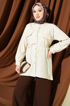 Alternative view of Striped Button-Up Shirt with Faux Pocket Flap Stone