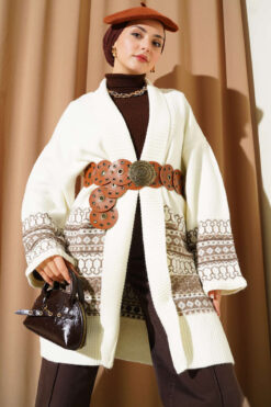 Shawl Collar Ethnic Pattern Knit Cardigan Ecru