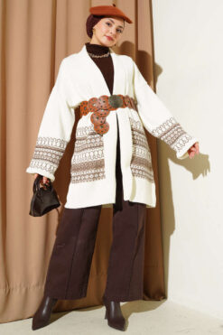 Alternative view of Shawl Collar Ethnic Pattern Knit Cardigan Ecru