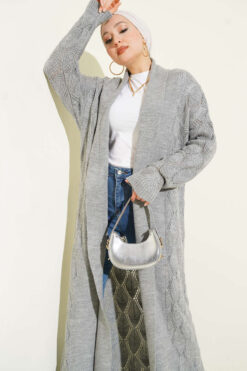 Alternative view of Shawl Collar Knit Pattern Long Cardigan Grey