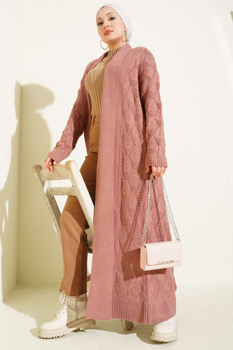 Shawl Collar Knit Pattern Long Cardigan Rose Dust - Image 2