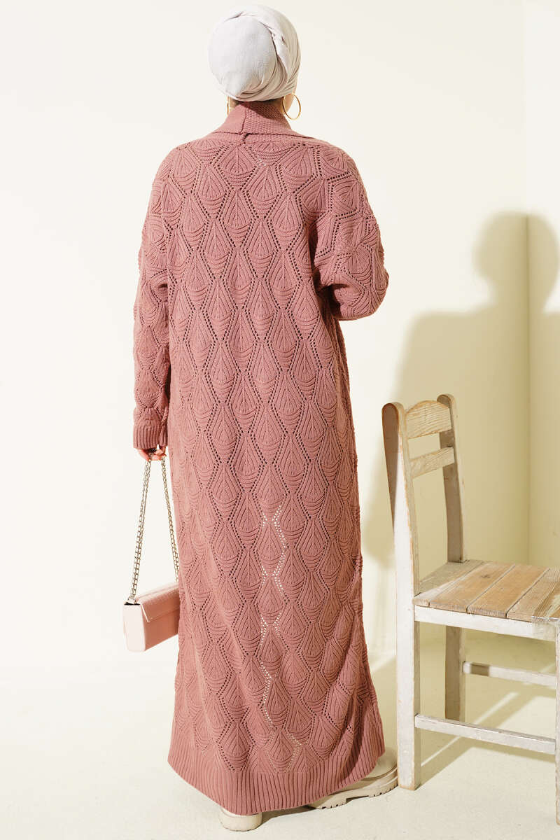 Shawl Collar Knit Pattern Long Cardigan Rose Dust - Image 3