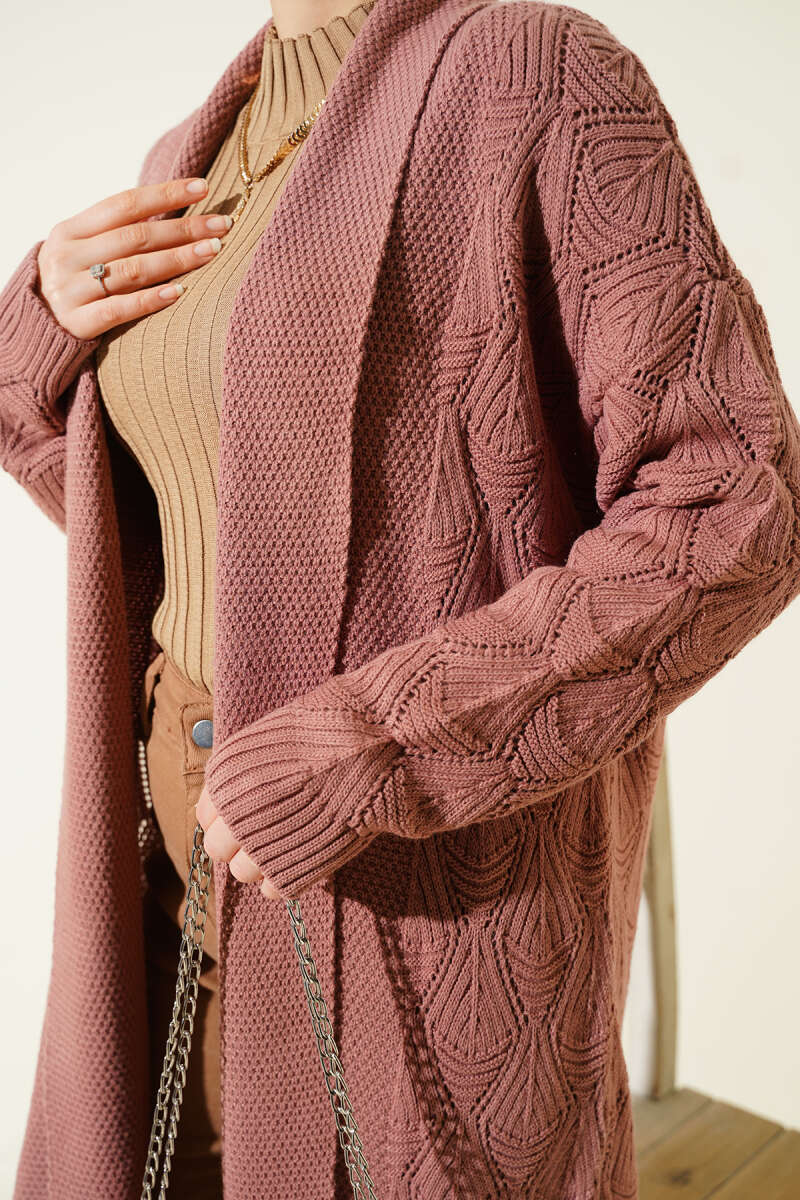 Shawl Collar Knit Pattern Long Cardigan Rose Dust - Image 4