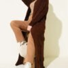 Shawl Collar Knit Pattern Long Cardigan Brown
