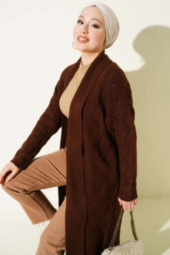 Alternative view of Shawl Collar Knit Pattern Long Cardigan Brown