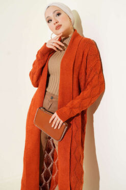 Alternative view of Shawl Collar Knit Pattern Long Cardigan Terracotta