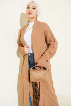 Alternative view of Shawl Collar Knit Pattern Long Cardigan Latte