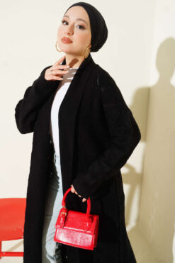 Alternative view of Shawl Collar Knit Pattern Long Cardigan Black