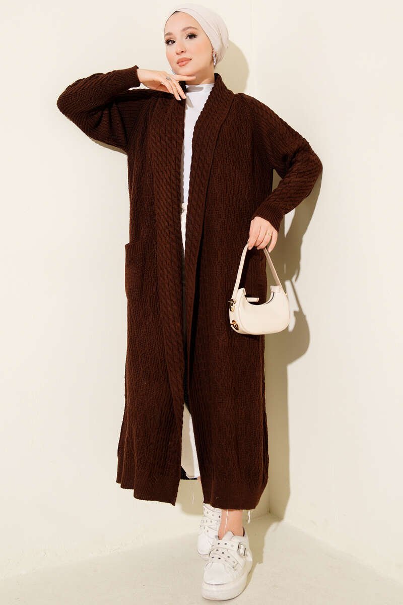 Shawl Collar Textured Knit Cardigan Brown