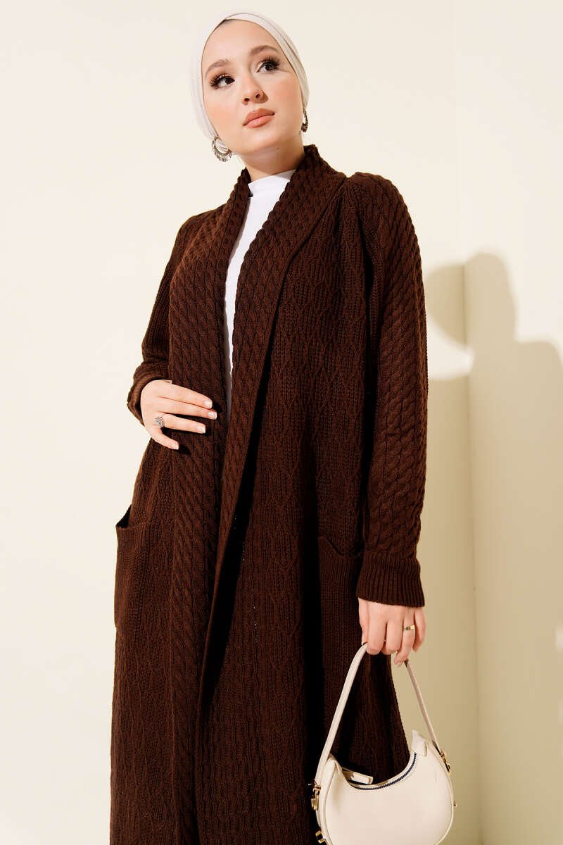 Shawl Collar Textured Knit Cardigan Brown - الصورة 2