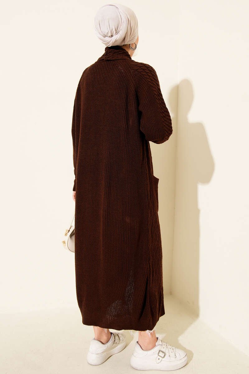 Shawl Collar Textured Knit Cardigan Brown - الصورة 3