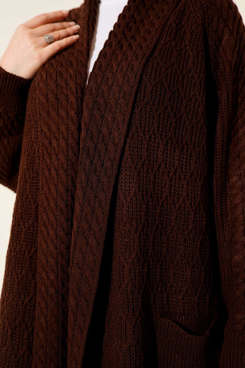 Shawl Collar Textured Knit Cardigan Brown - الصورة 4