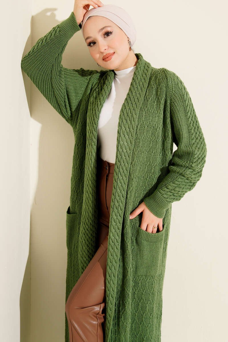 Shawl Collar Textured Knit Cardigan Green - Image 2
