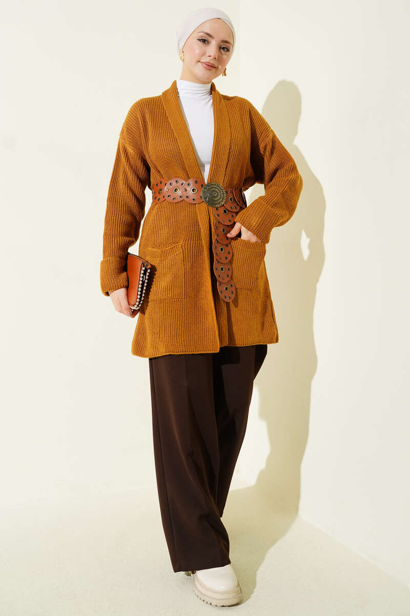 Shawl Collar Rice Knit Cardigan Mustard - Image 2