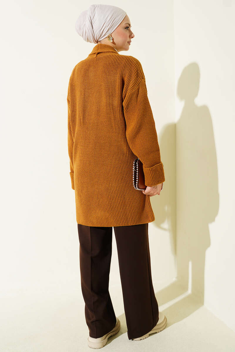Shawl Collar Rice Knit Cardigan Mustard - Image 3