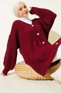 Twisted Pattern Detailed Knit Cardigan Burgundy