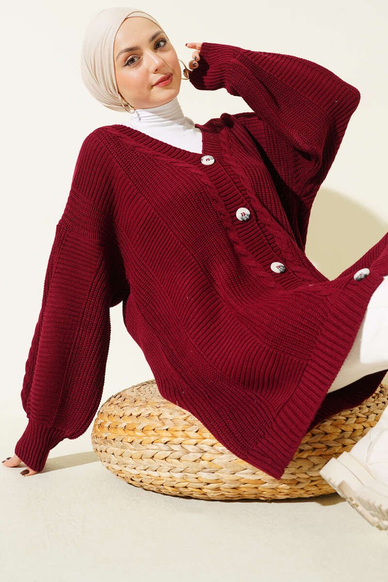 Twisted Pattern Detailed Knit Cardigan Burgundy
