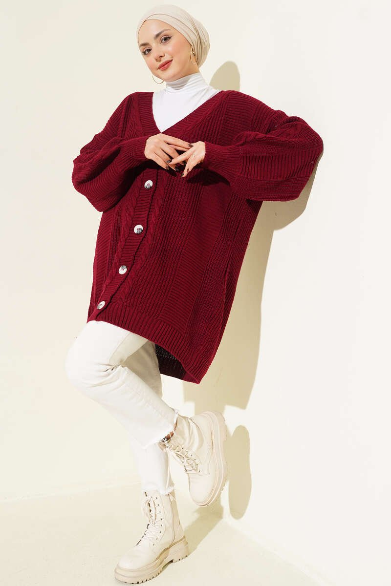 Twisted Pattern Detailed Knit Cardigan Burgundy – Image 2