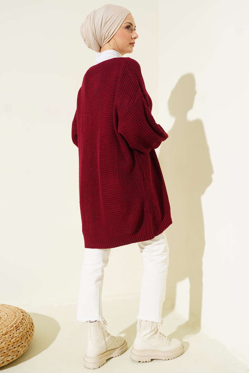 Twisted Pattern Detailed Knit Cardigan Burgundy – Image 3