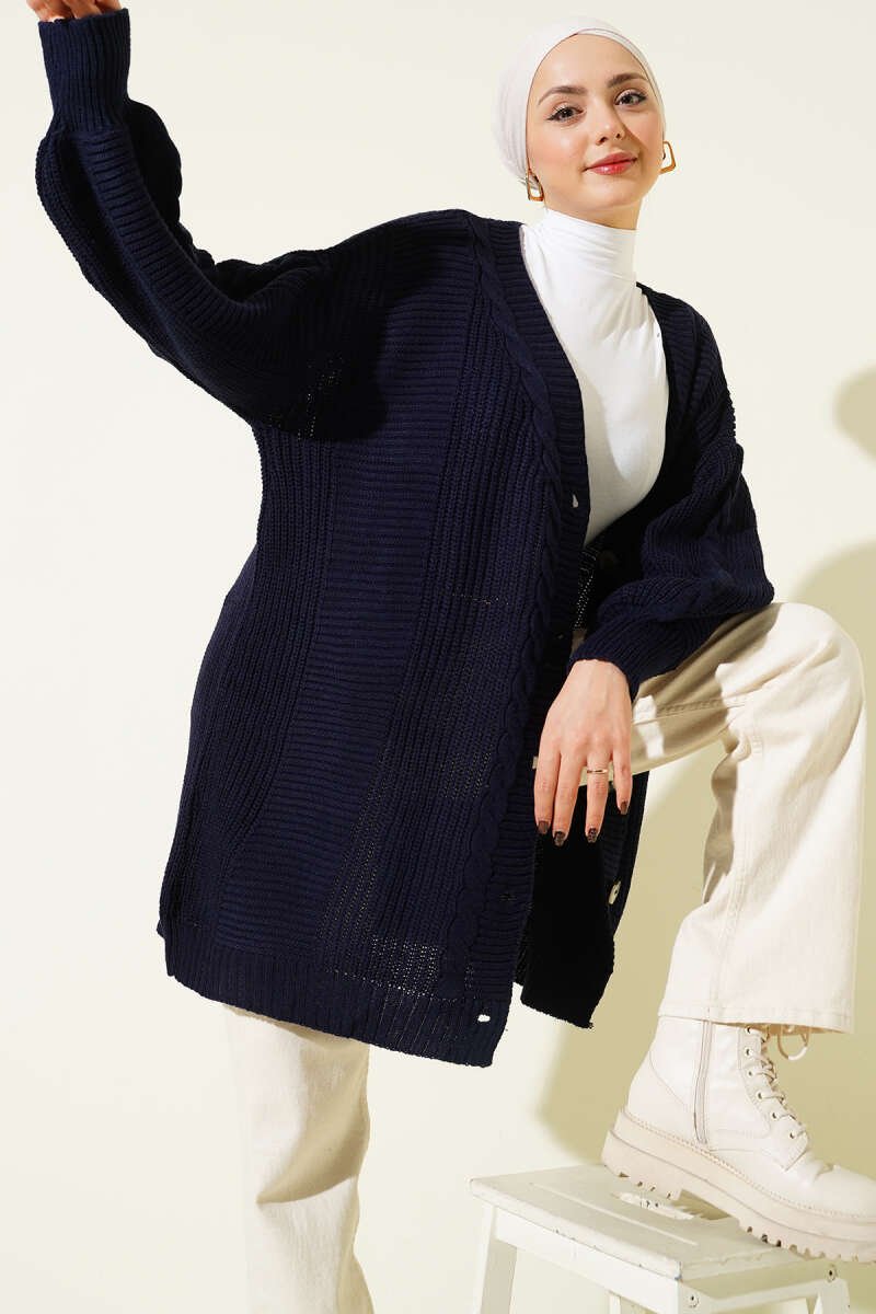 Twisted Pattern Detailed Knit Cardigan Navy Blue
