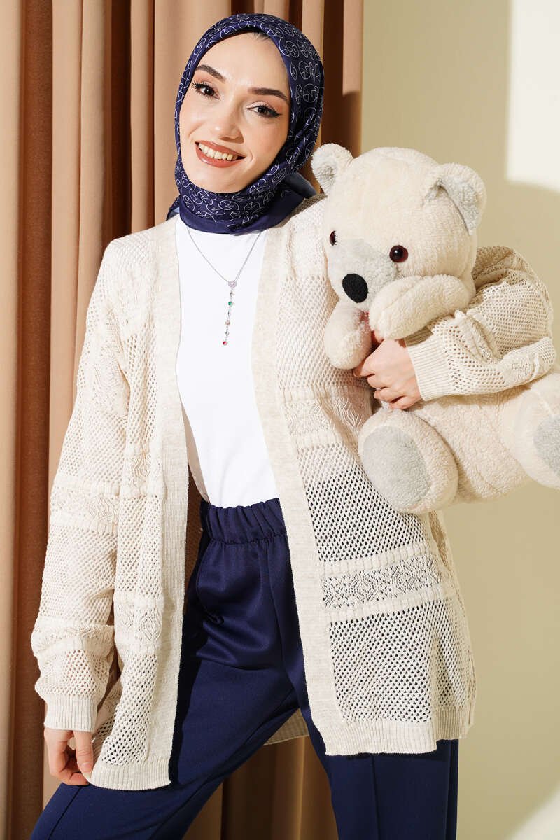 Striped Pattern Openwork Knit Cardigan Stone