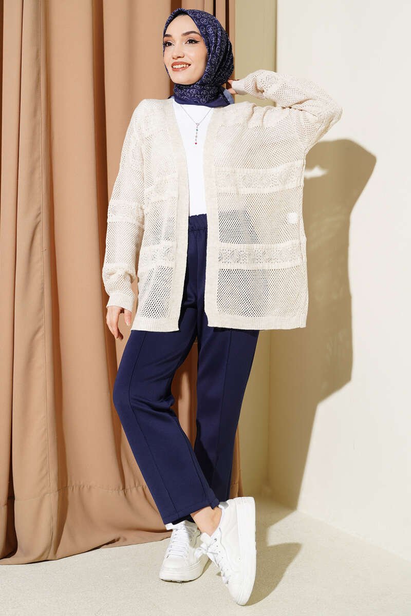 Striped Pattern Openwork Knit Cardigan Stone - الصورة 2