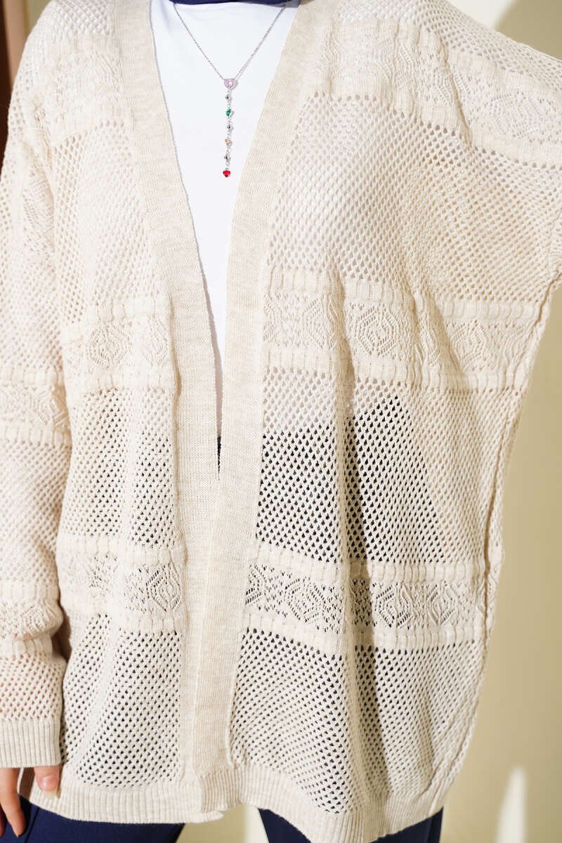 Striped Pattern Openwork Knit Cardigan Stone - الصورة 4
