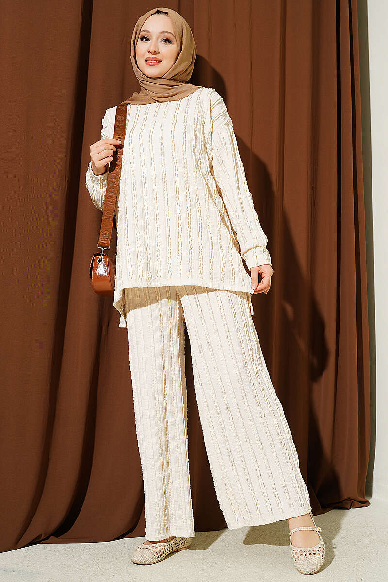 Striped Ruffled Tunic Set Beige