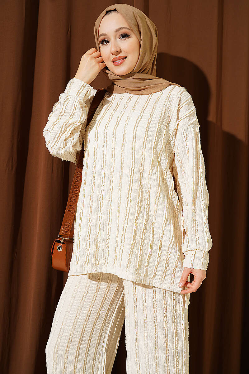 Striped Ruffled Tunic Set Beige – Bild 2
