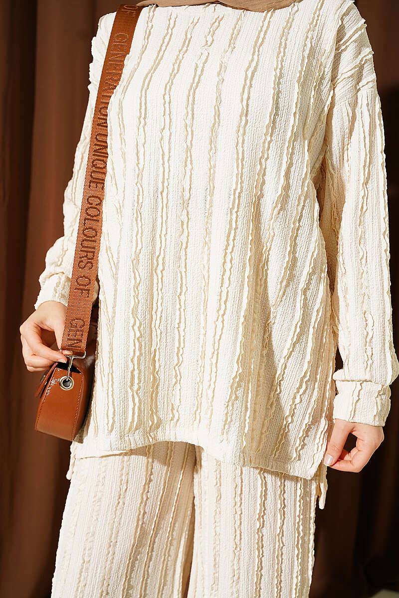 Striped Ruffled Tunic Set Beige – Bild 4