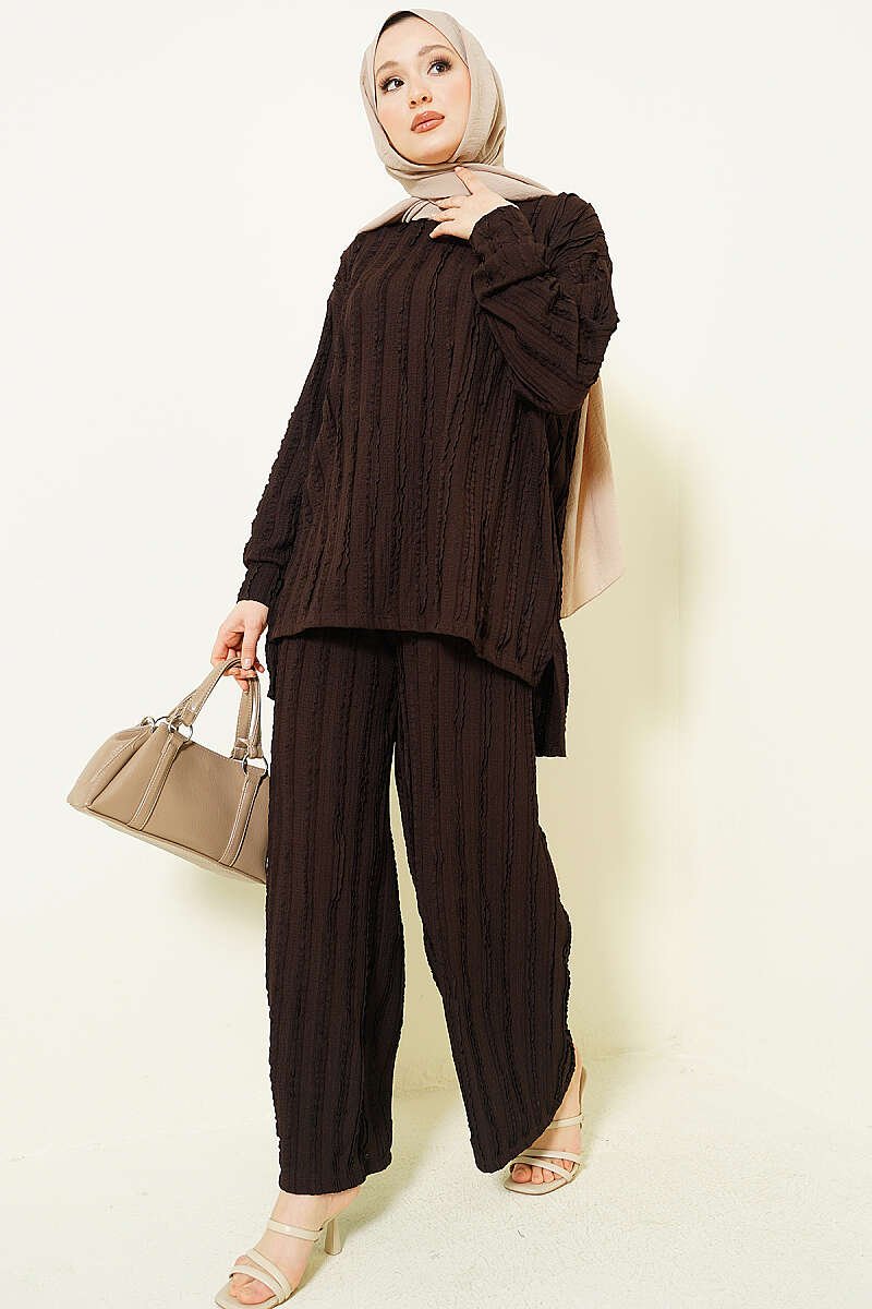 Hidden Button Belted Two-Piece Tunic Set Brown - Imagen 5