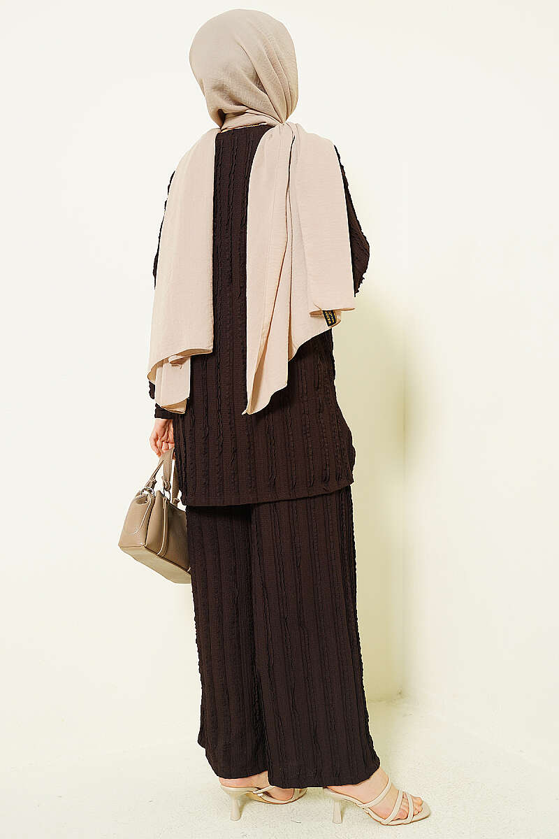 Striped Ruffled Tunic Set Brown - Imagen 3