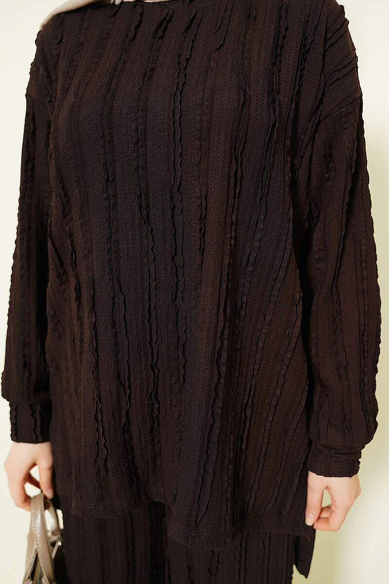 Striped Ruffled Tunic Set Brown - Imagen 4