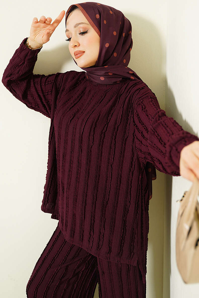 Striped Ruffled Tunic Set Plum