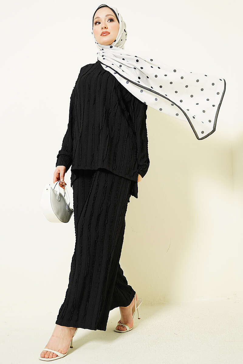 Striped Ruffled Tunic Set Black
