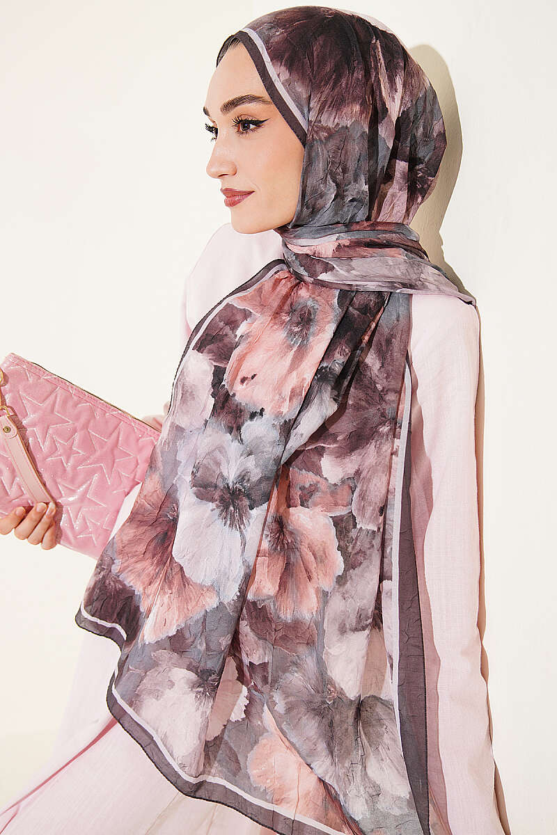 Floral Bamboo Crinkle Scarf with Stripe Details Brown - Image 5