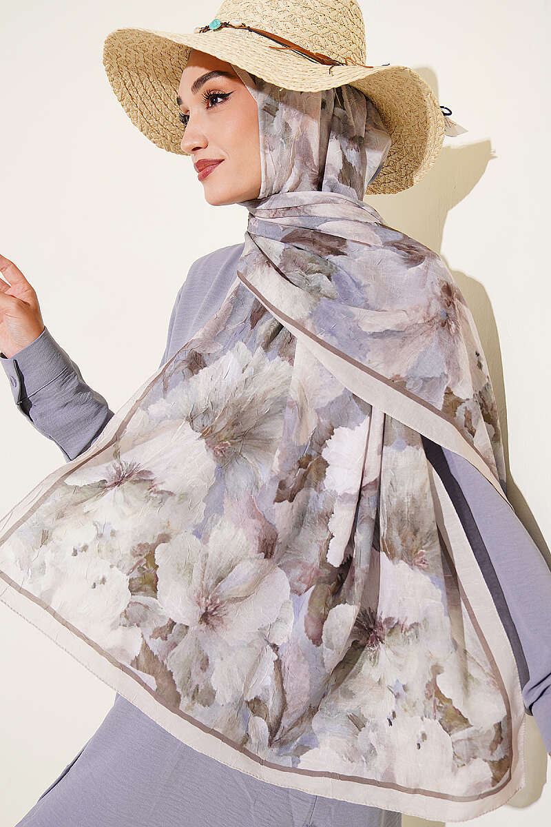 Floral Bamboo Crinkle Scarf with Stripe Details Beige