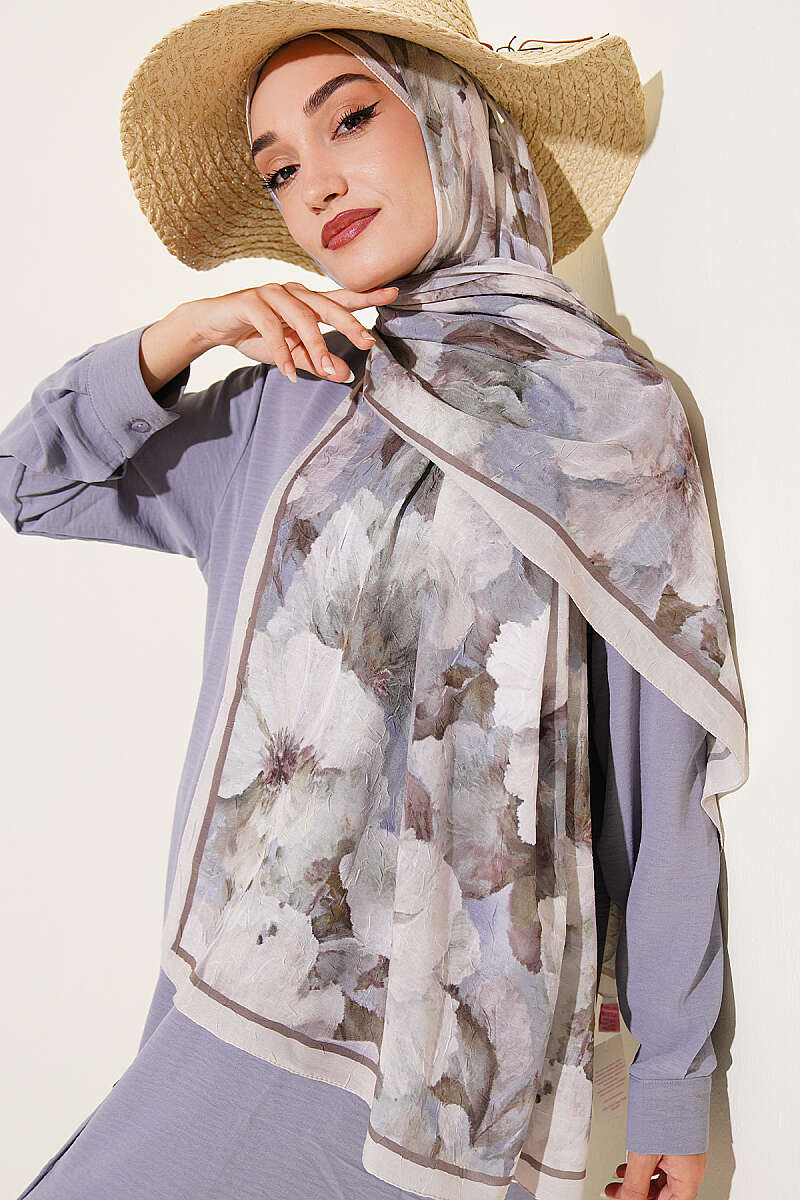 Floral Bamboo Crinkle Scarf with Stripe Details Beige - Afbeelding 2