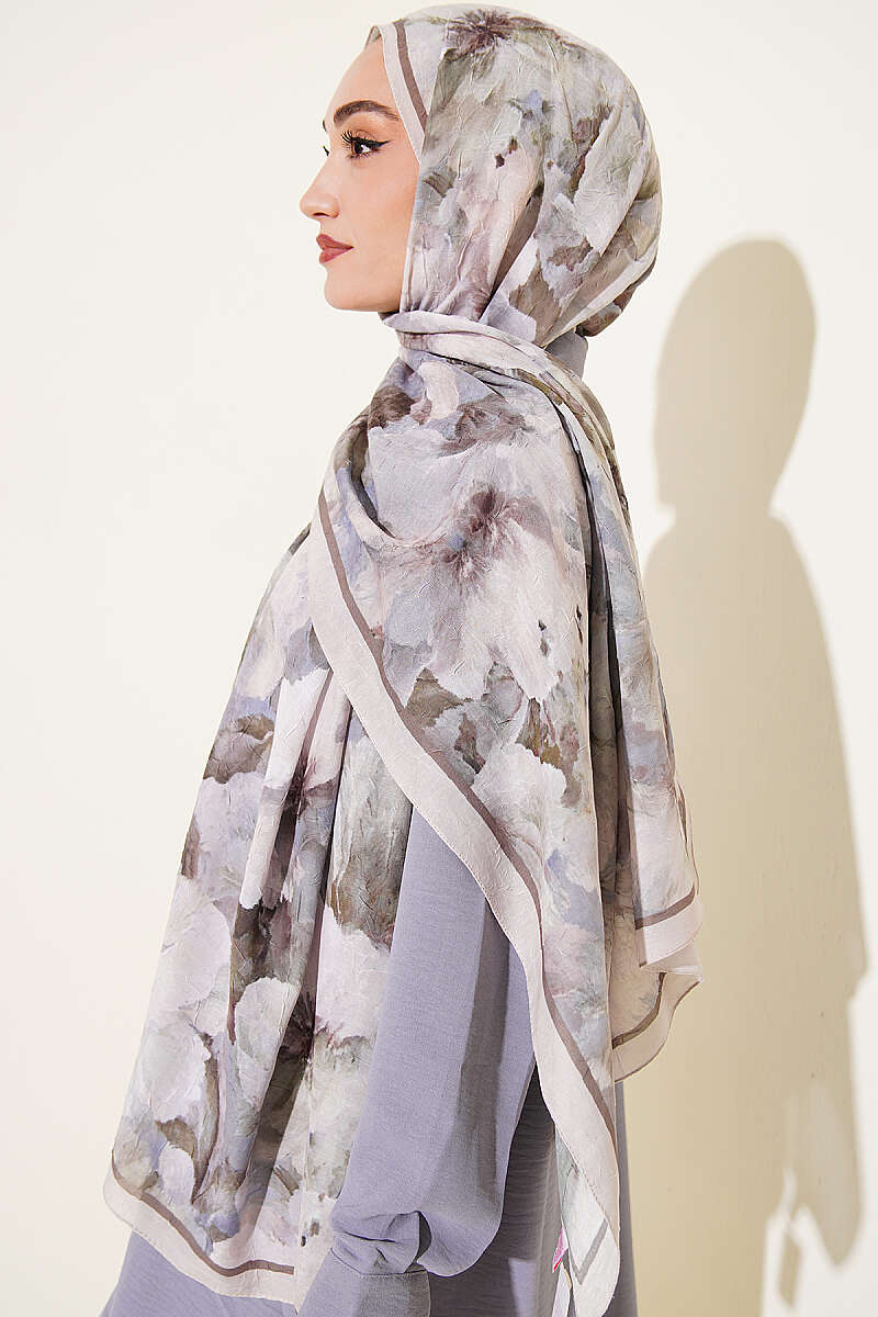 Floral Bamboo Crinkle Scarf with Stripe Details Beige - Afbeelding 3