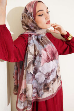 Floral Bamboo Crinkle Scarf with Stripe Details Brown
