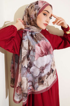 Alternative view of Floral Bamboo Crinkle Scarf with Stripe Details Brown