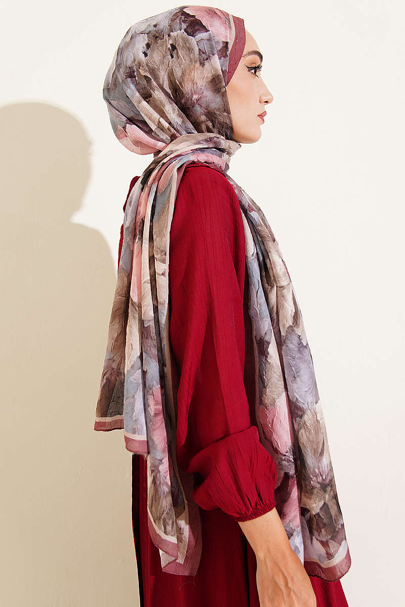 Floral Bamboo Crinkle Scarf with Stripe Details Brown - Image 3