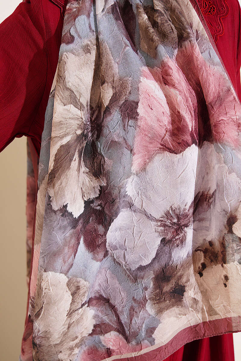 Floral Bamboo Crinkle Scarf with Stripe Details Brown - Image 4