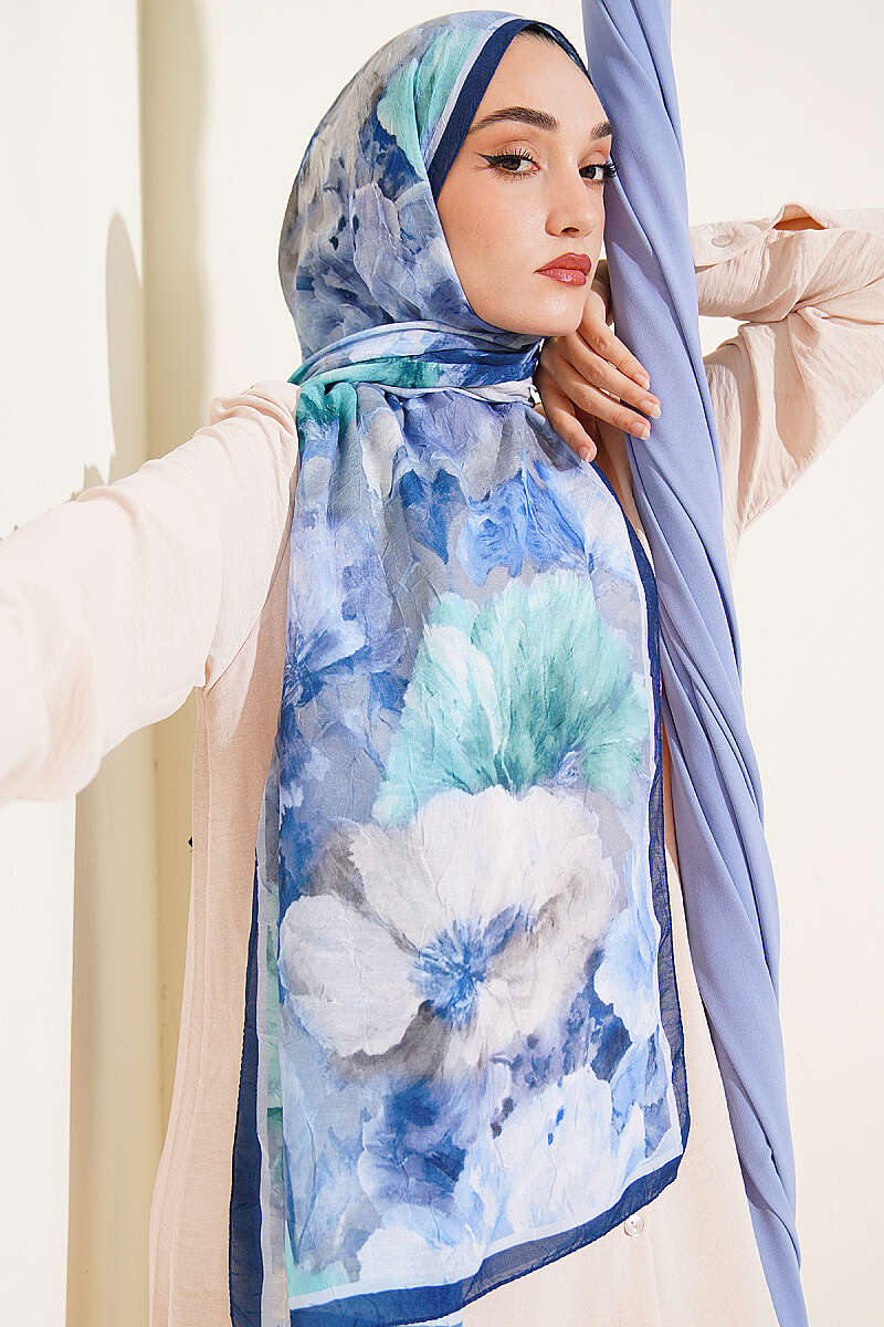 Floral Bamboo Crinkle Scarf with Stripe Details Navy Blue