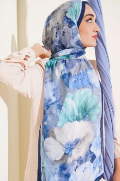 Alternative view of Floral Bamboo Crinkle Scarf with Stripe Details Navy Blue