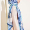 Floral Bamboo Crinkle Scarf with Stripe Details Navy Blue - Image 3
